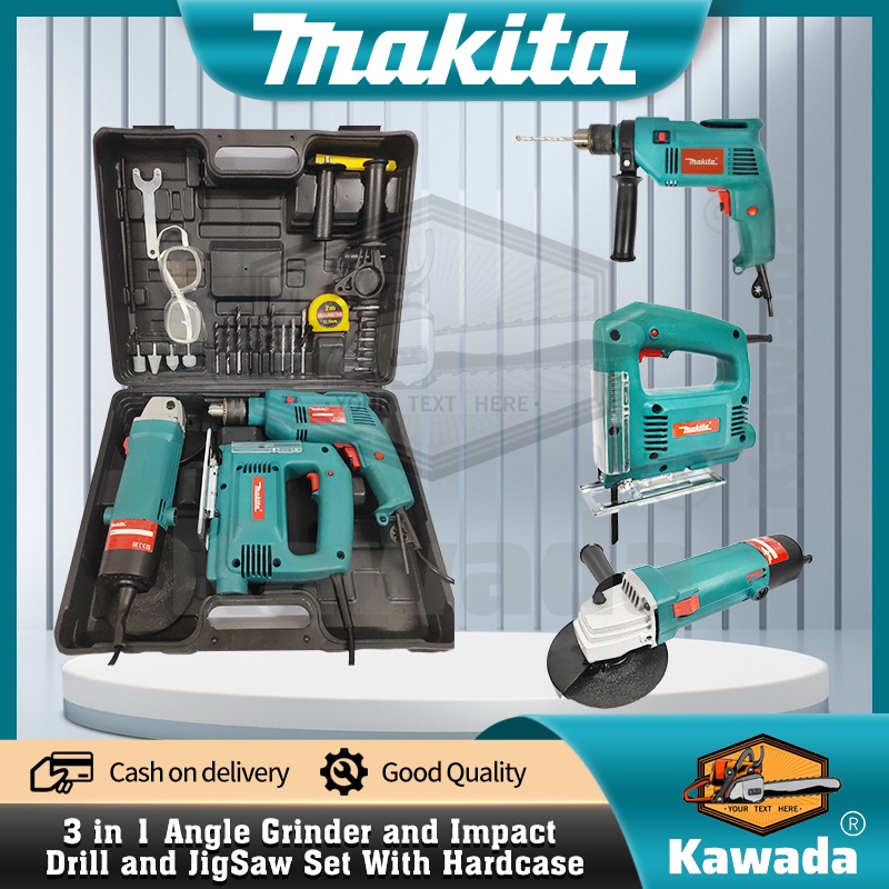 Makita 3 in 1 Angle Grinder and Impact Drill and JigSaw Set With