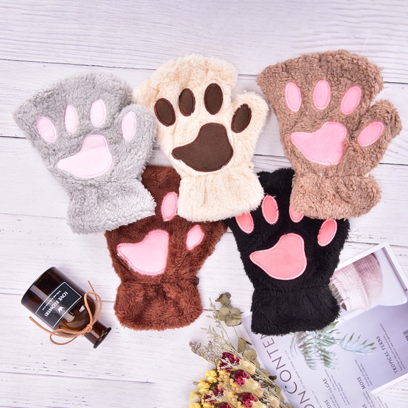 [Chitengyecool] Cute Cat Claw Plush Mittens Fluffy Bear Gloves Costume Half Finger Party Gift