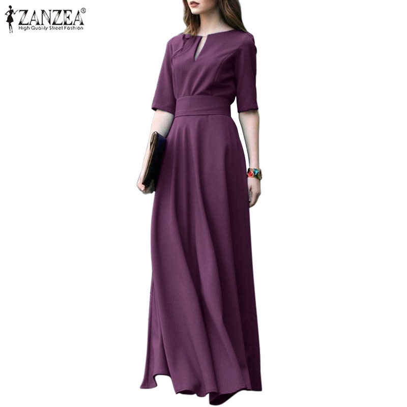 ZANZEA Vintage Maxi Long Dress Women Half Sleeve Elegant Solid O Neck ...