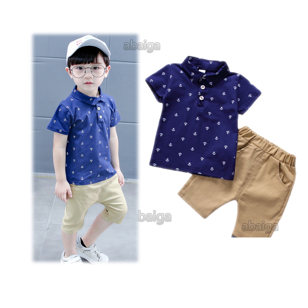 baby boy kids clothes set babies Baby Boy Polo Shirt Shorts Set Kid Clothes Short Sleeve Sailor Anchor Print Navy Blue T-shirt Short Pants 2 Piece Ootd 0-3 Years Old Kids Casual W