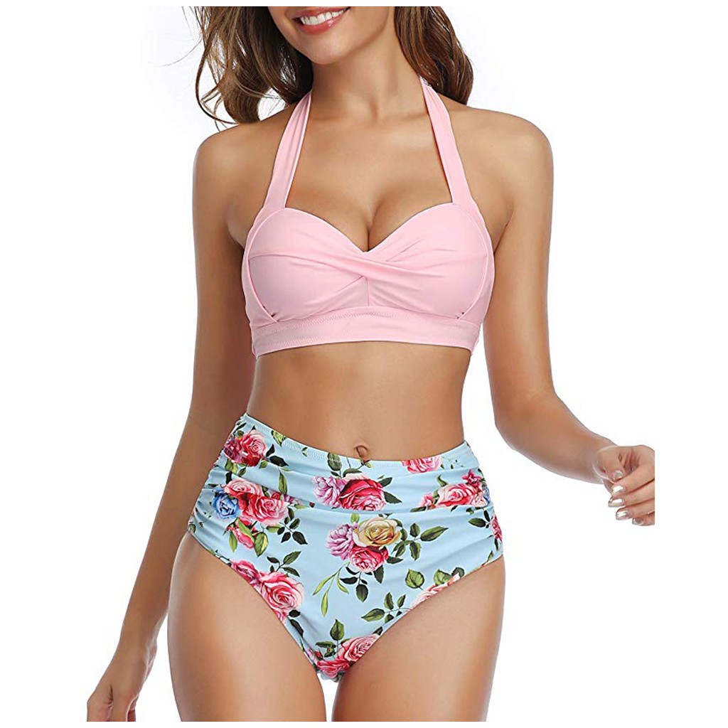 HUIHAIXIANGBAO Swimsuit for Women Retro Floral Halter Ruched High Waist Two Piece Bathing Suits Bikinis Womens Swimsuits 