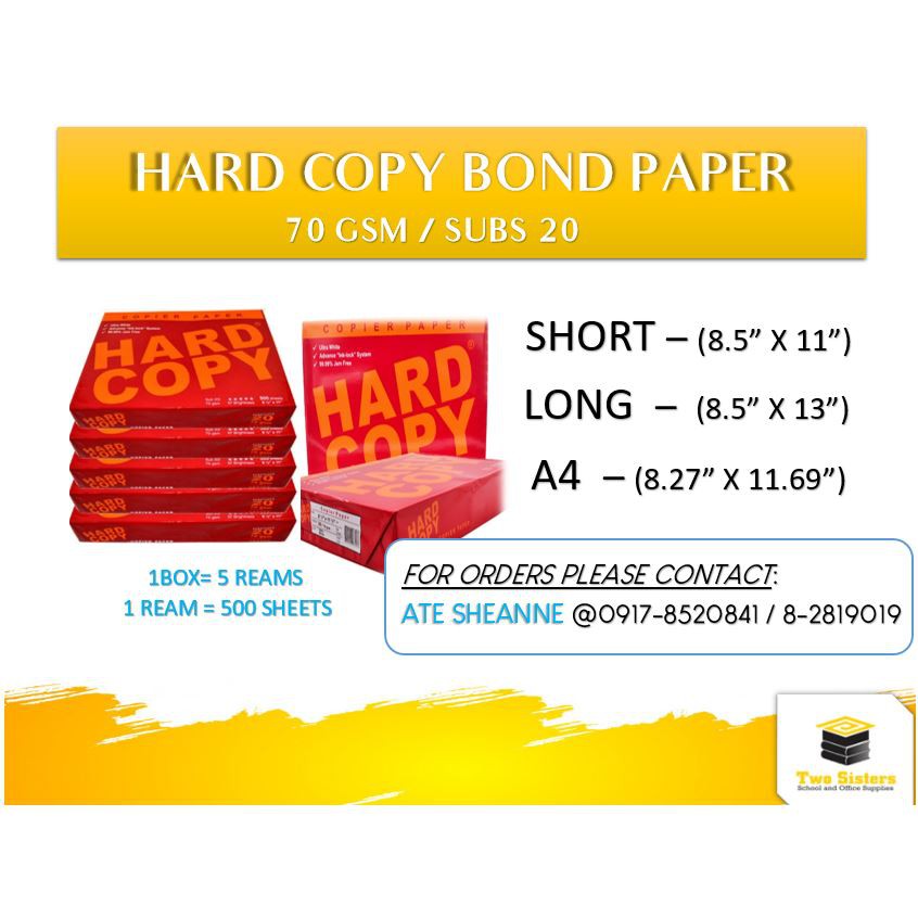 HARD COPY BOND PAPER Substance 20 Short A4 And Long 500 Sheets Ream 