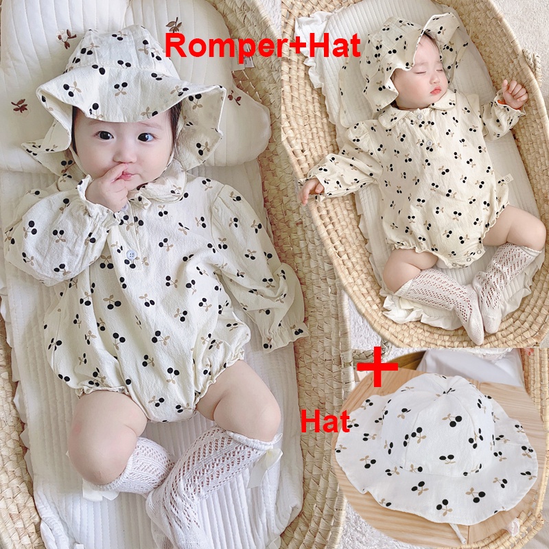 Christening Baby Clothes for Girl Cherry Onesies for Baby Girl Romper + Hat Long Sleeve Bodysuit Cotton Casual Infant Outfit for Birthday