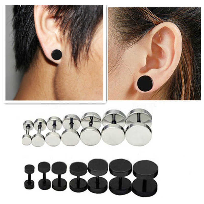 2 PCS Mens Barbell Punk Gothic Stainless Steel Ear Studs Earrings Unisex A&