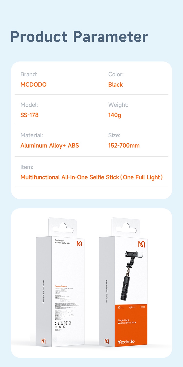 Mcdodo SS-1781 Wireless Selfie Stick with Single Lamp ZM Series description image 7