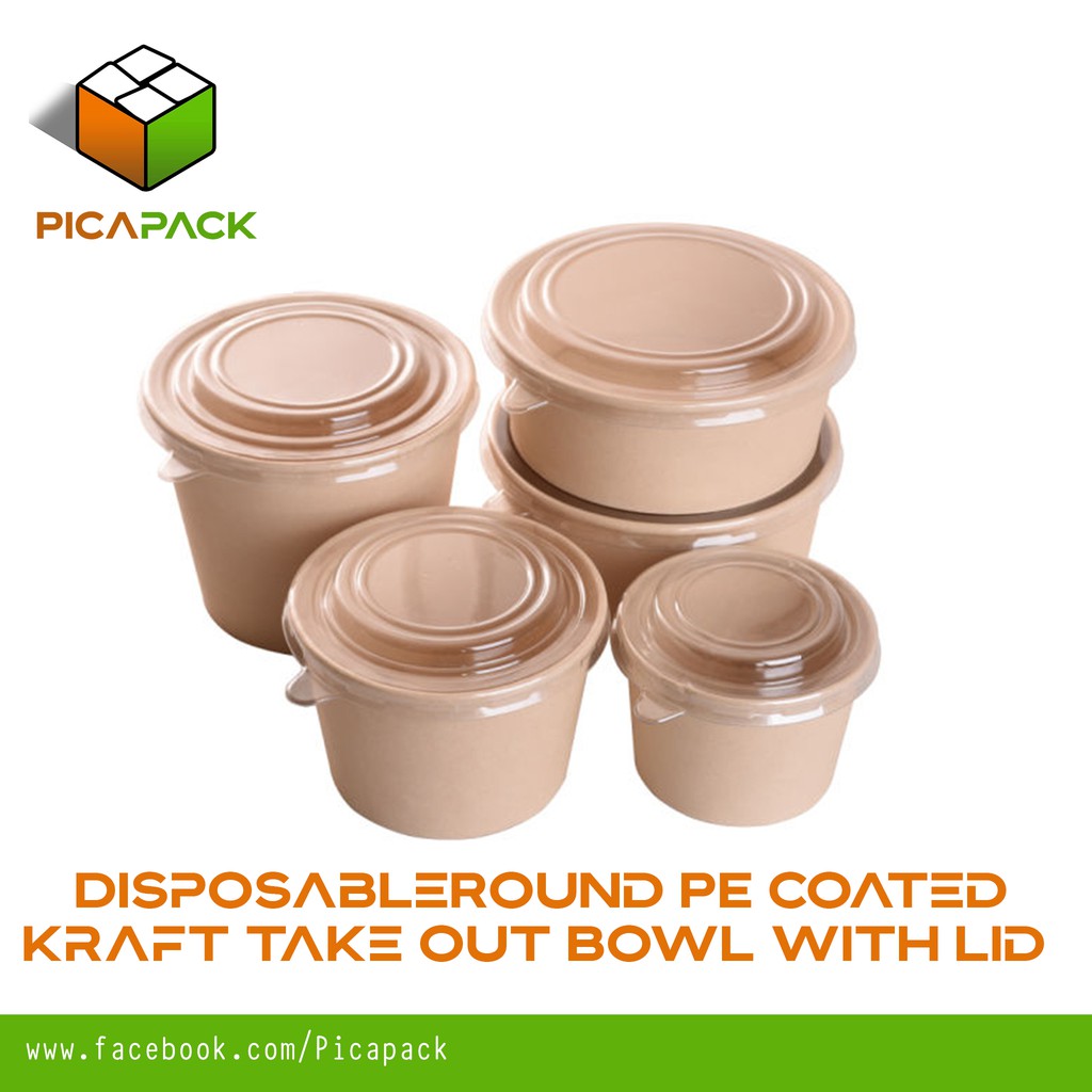 10 PCS Round Disposable PE Coated Kraft Take Out Bowl with Lid for