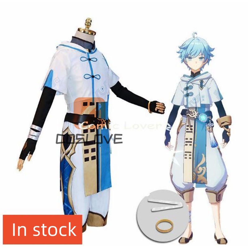 Anime Game Cosplay Pruik for Genshin Impact Chongyun, Lichtblauw Pluizig Korte Haar Modellering Party Dress Up Pruik, Hittebestendig Synthetisch Haar Pruik Cap