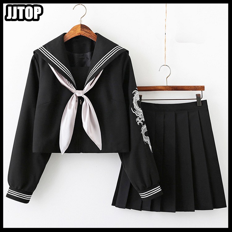 WHITE PINK Dragon Japanese Sailor JK Uniform BLACK SUIT SCARFE Pleated ...