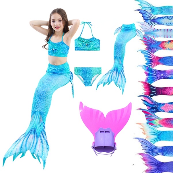 4-Piece Set Girls Swimsuit Swimming Mermaid Tail With Fins Little ...