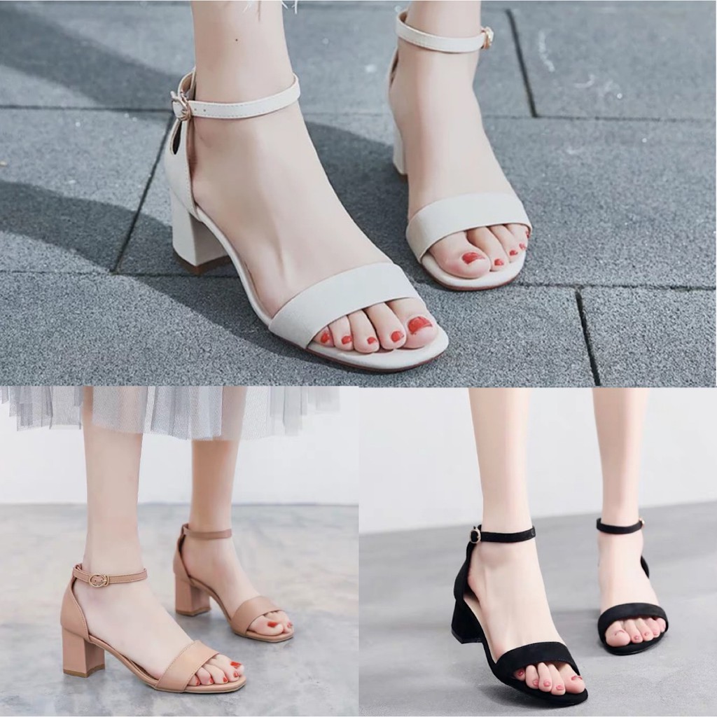  Korean  Square toe Leather Block Heel Sandals  Shopee 
