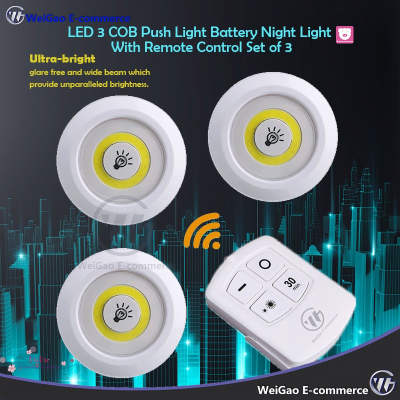 LED 3 COB Push Light Battery Night Light With Remote Control Set of 3