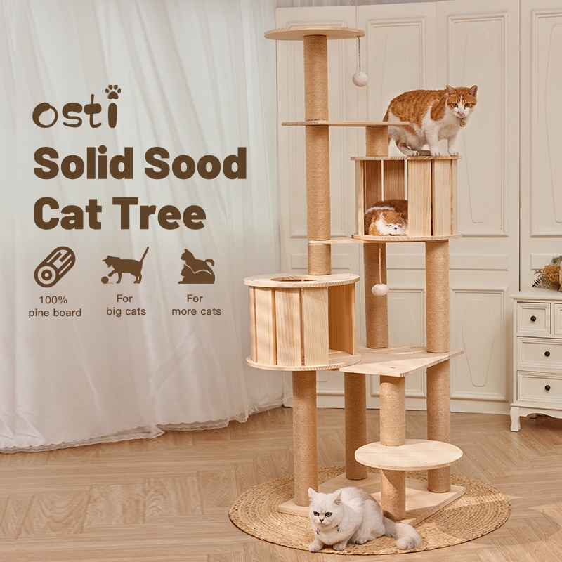Osti Modern Real Wood Cat Tree Luxury Wooden Cat Tower Condo with