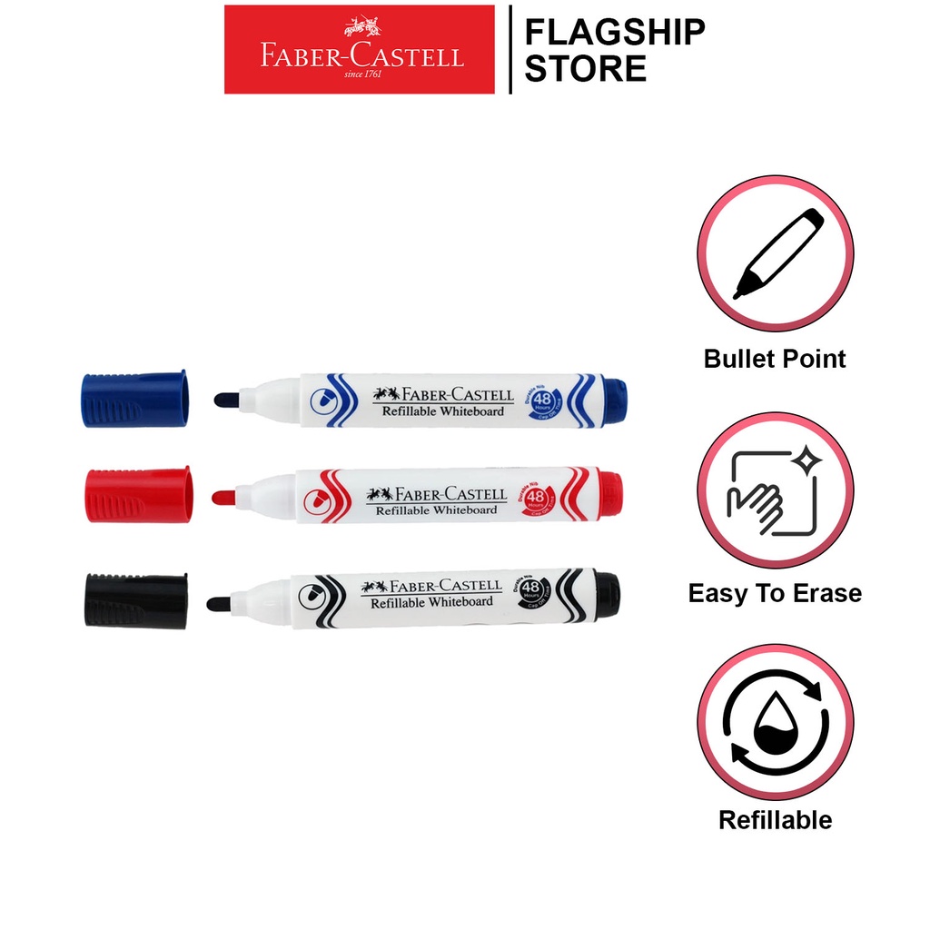 Faber-Castell Whiteboard Markers – 4 Refillable Markers With 2.25mm Tip, Easy To Erase & Long-Lasting