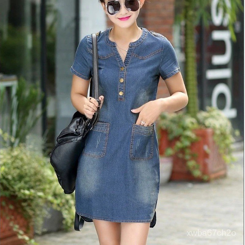 Lowest price】Summer Denim Dress Plus Size Blue Jeans Dresses For Women  Casual Button Short Sleeve D | Shopee Philippines