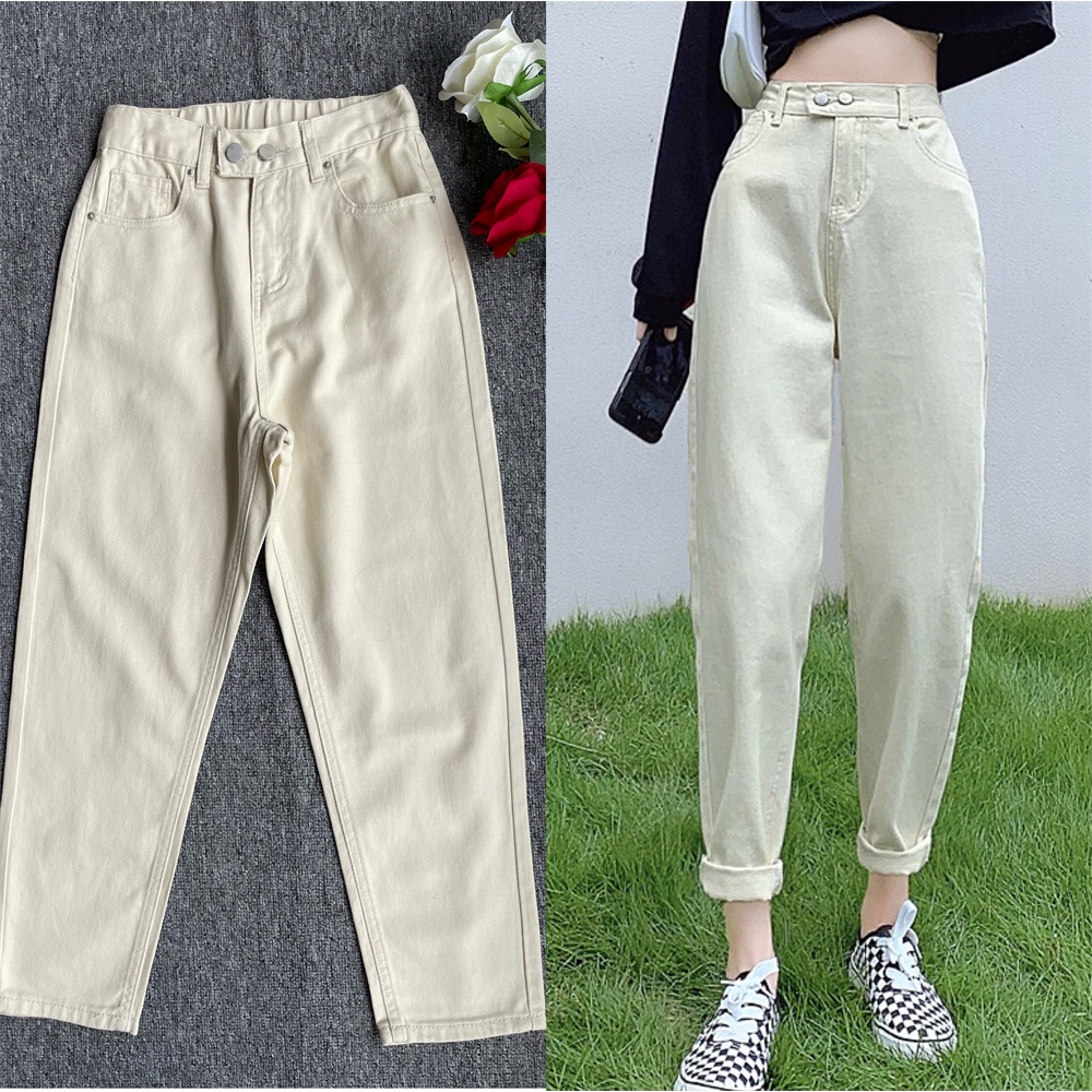 Elastic waist MOM JEANS Women's high weist Boyfriend pants Denim blue ...