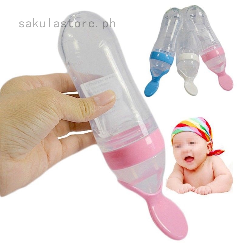 Baby Silicone Squeeze Feeding Bottle With Spoon Food Rice Cereal