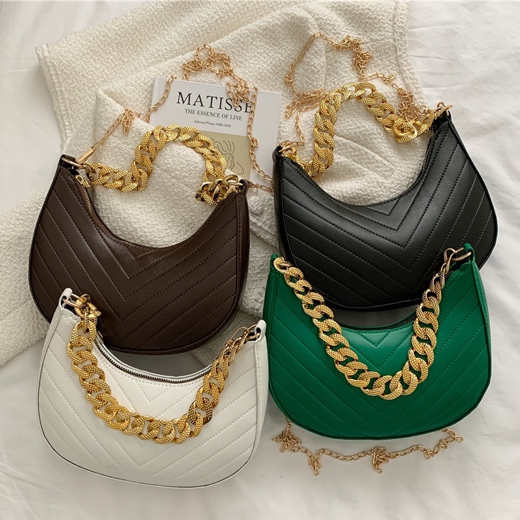 Curve Chain Trendy Bag Quality Gold Chain Bag Korean Bag Brown Green