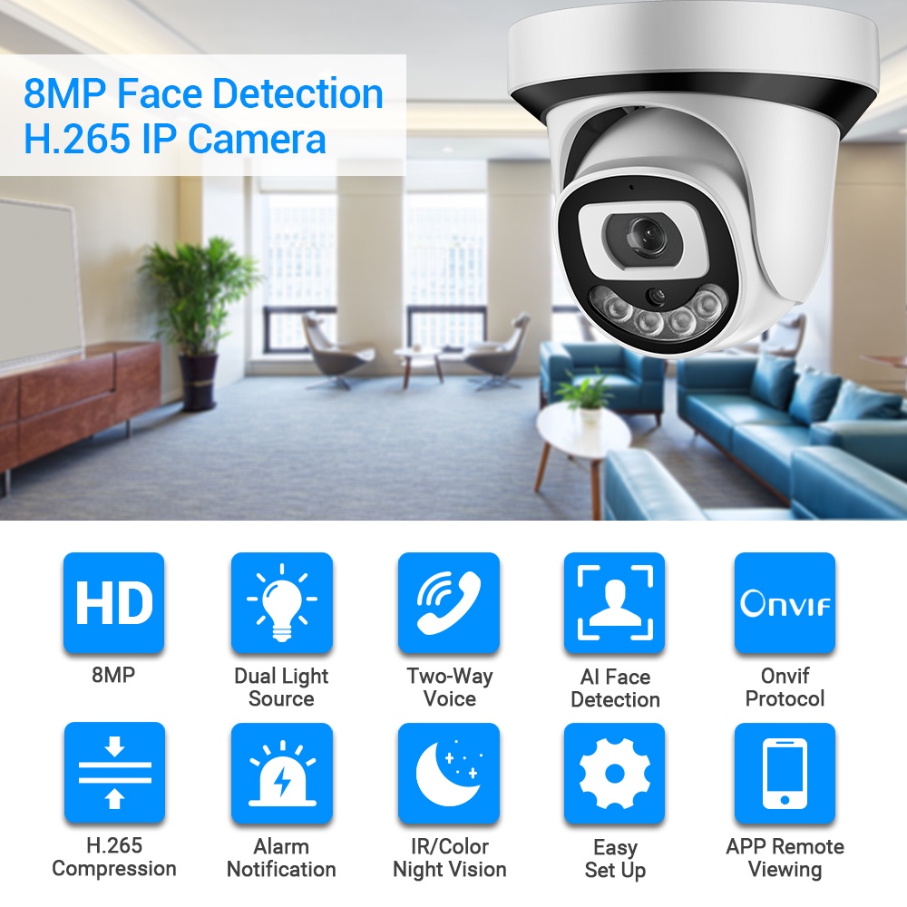 Hamrol 8MP/4K Ultra HD Face Detection Color Night Vision Audio H.265 POE Indoor Camera Two-way Voice IPAI Alarm Video Surveillance CCTV Camera Infrared Night Vision P2P XMEYE