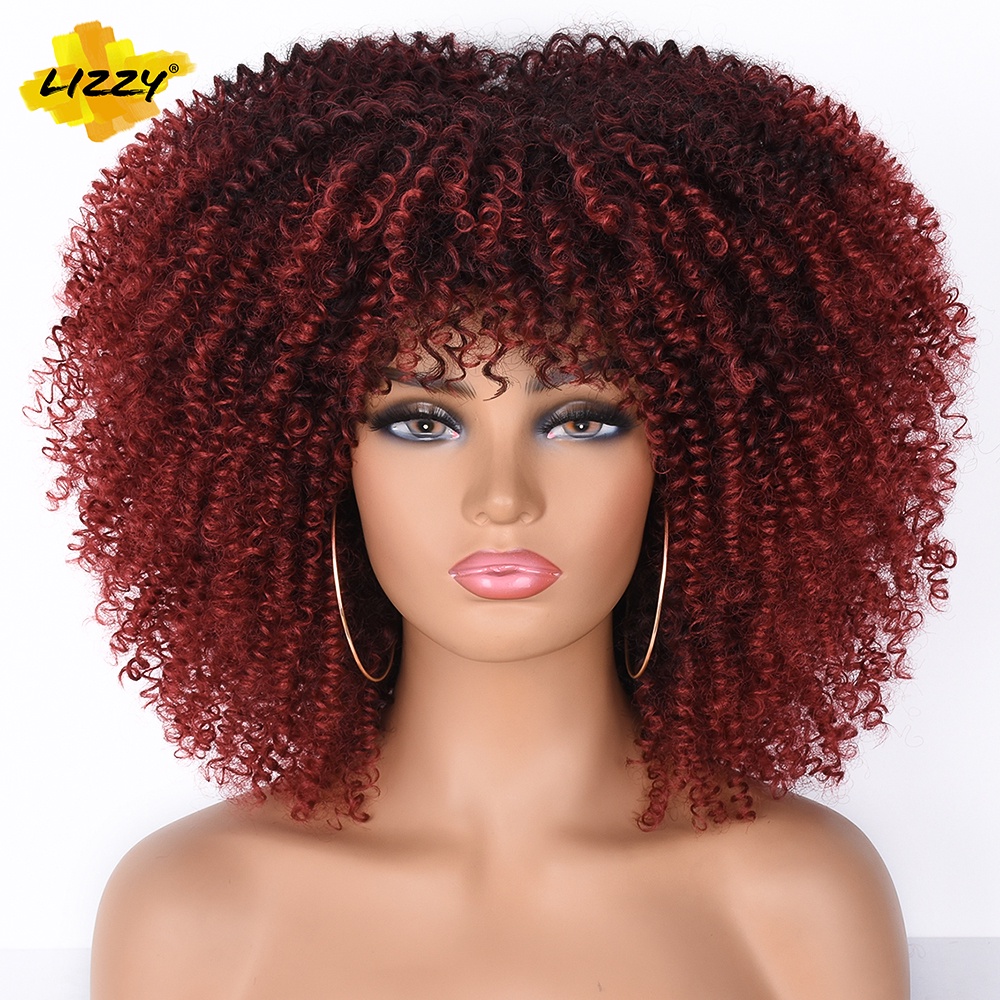 Short Afro Kinky Curly Wigs With Bangs For Black Women Blonde Mixed Brown Synthetic Cosplay 