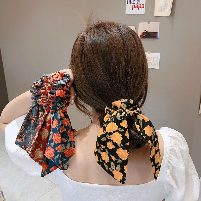 Hair Scrunchie Scarf Hair Tie Ribbon Scrunchies with Tail Floral