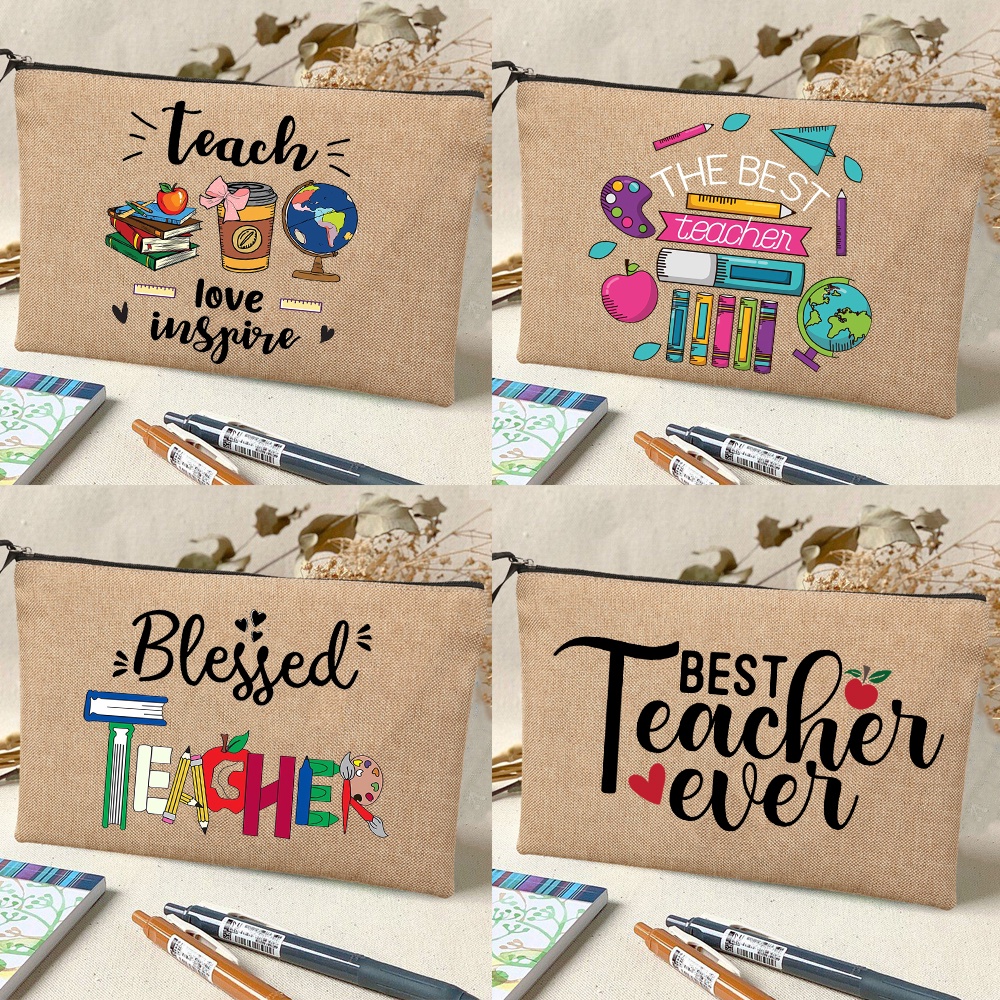 Best Teacher Ever Printed Linen Stationery Bag Cosmetic Bag Travel ...