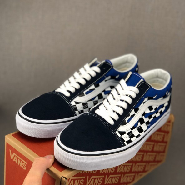 blue checkerboard vans with flames