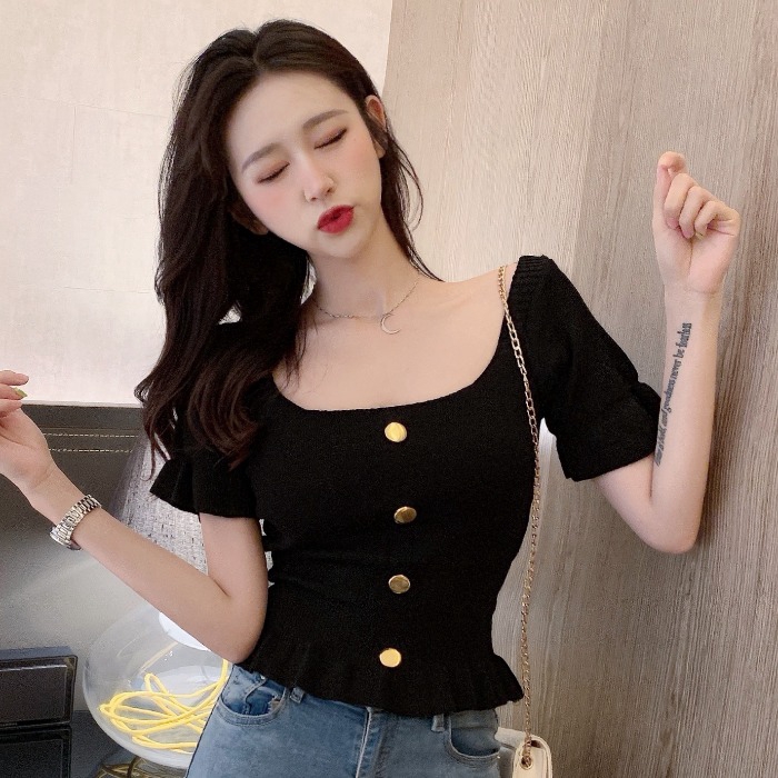 Linki korean plain knitted top short sleeve slim sexy crop top for ...