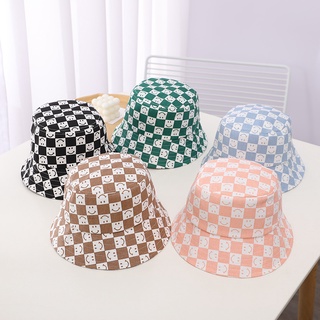 Chessboard lattice smiling face fisherman hat children's street shooting trend basin hat retro travel sunshade hat girl #2