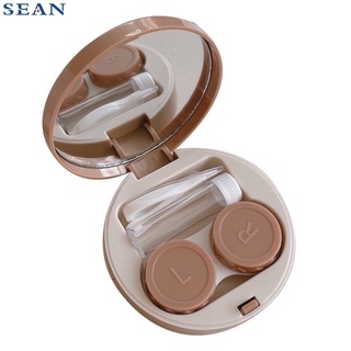 Contact Lens Case with Mirror Milk Tea Warm Color Simple Glossy Round Contact Lens Storage Box