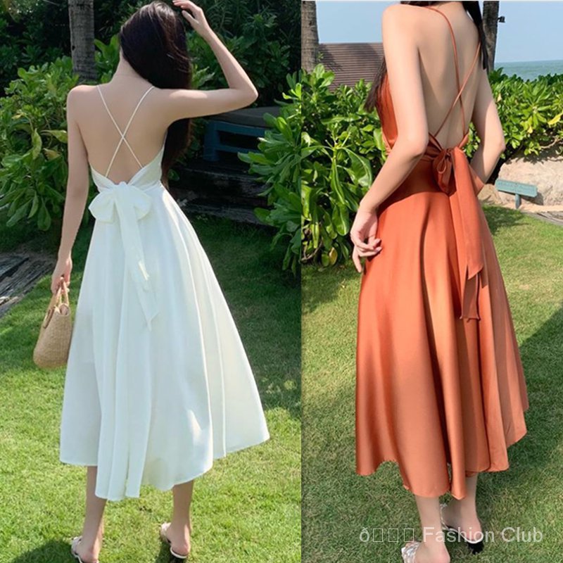 Ins Sexy Backless White Long Dress Suspender Silk Satin Dresses ...