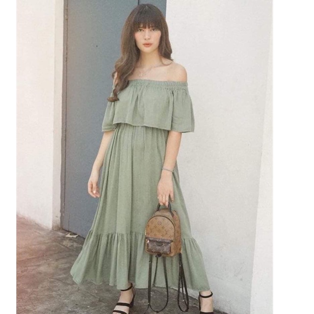 green off the shoulder maxi dress