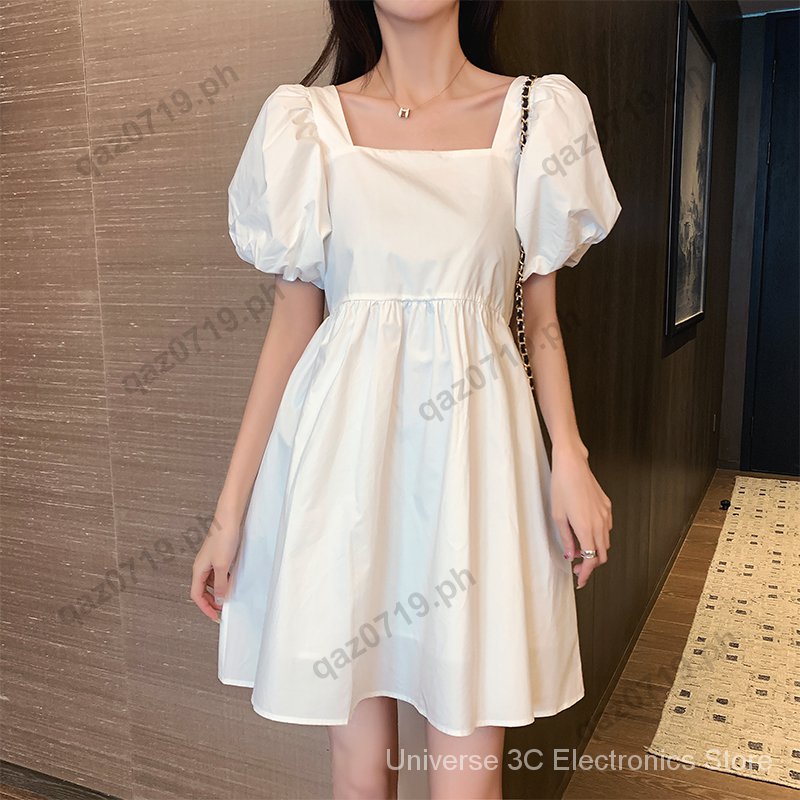 Women's Generous Collar White Dress Casual Puff Sleeve dress | Shopee  Philippines