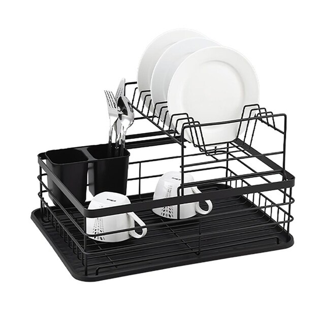 WG 2-Tier Black Dish Rack Tray for Kitchen with Utensils Cutlery Holder ...