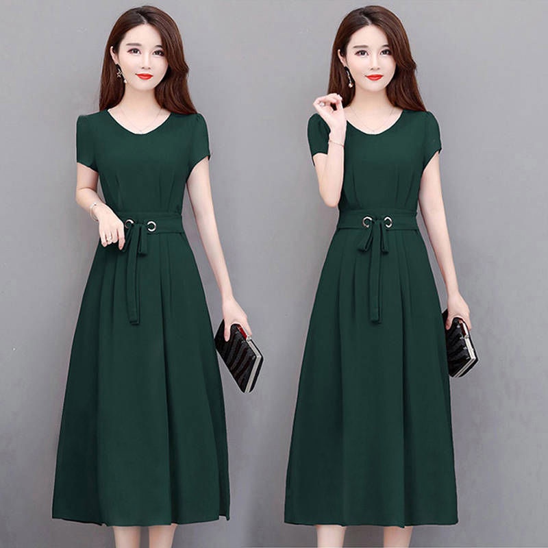 2022 Summer Plain Dress Korean Version Round Neck Middle Skirt Short Sleeve Female M-3XL