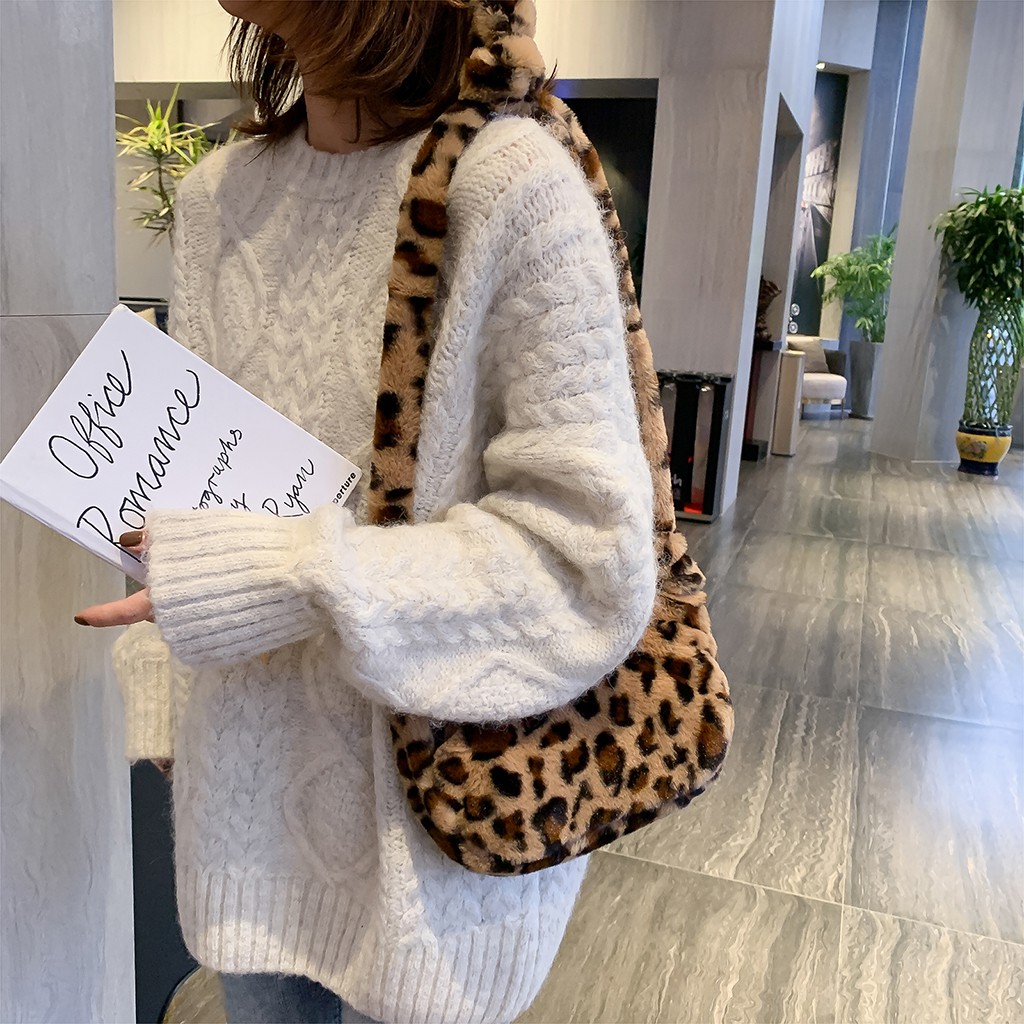 Women Faux Fur Tote Handbag Furry Shoulder Bag Fluffy Leopard Animal Print Bag 