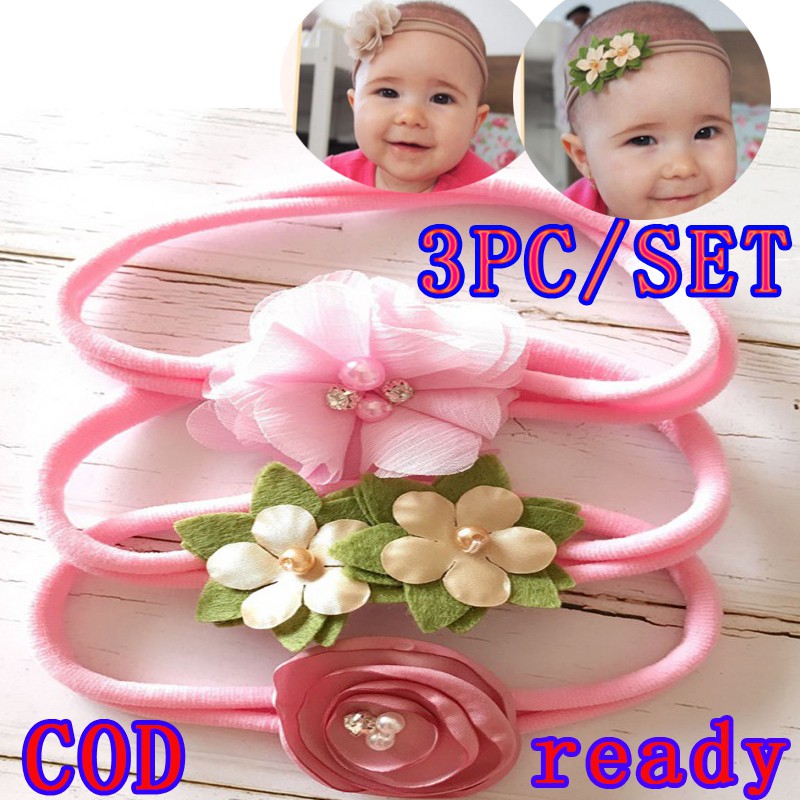 COD Ready Stock 3pcs/set Baby Girl Headbands Simulatedpearl Ribbon