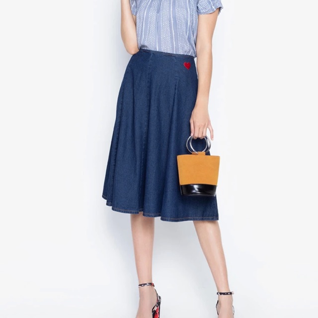 knee length flared denim skirt