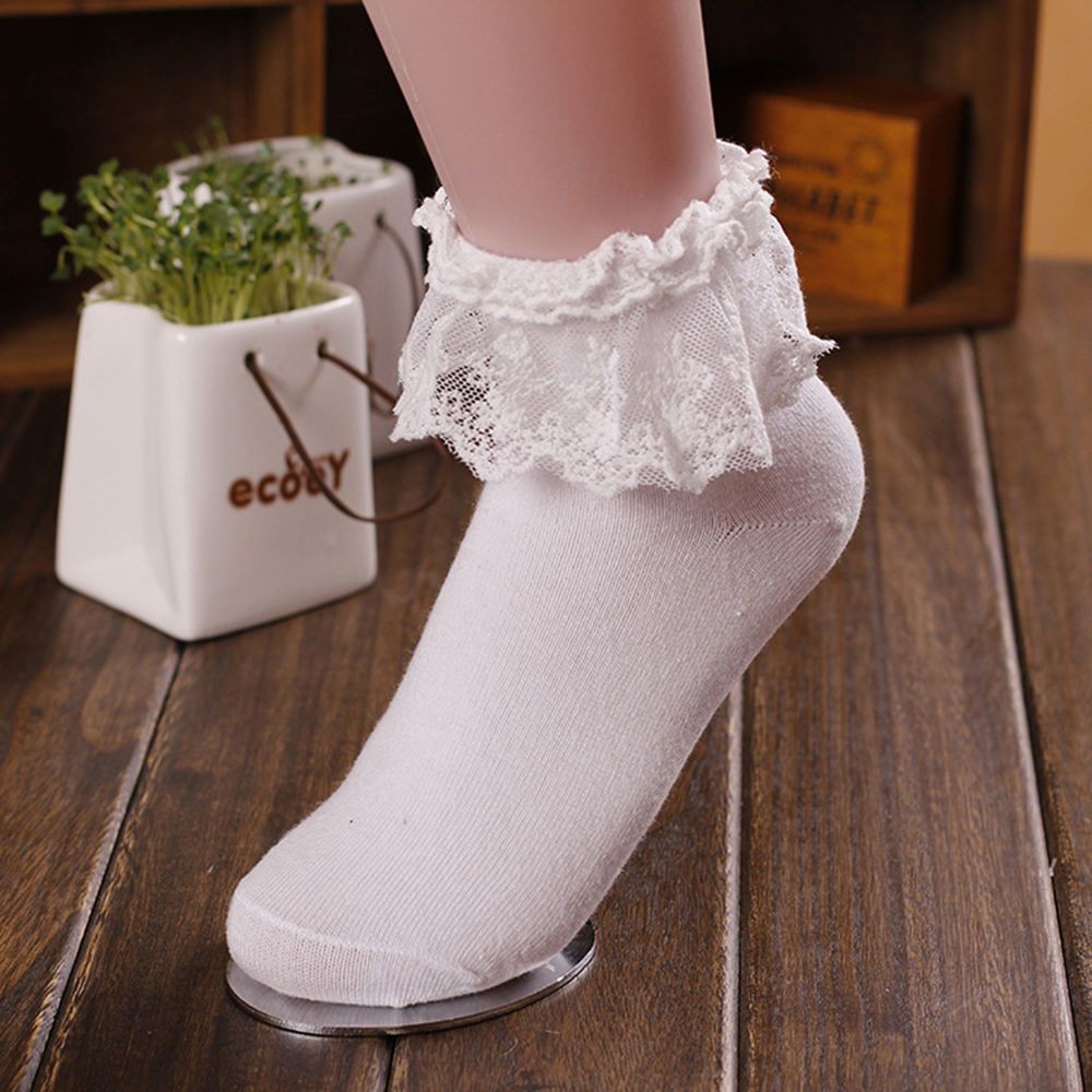 3 Pairs Frilly Ruffled Lace Trim Ankle Hi Fishnet Socks Anklet Retro Pin-Up Girl 