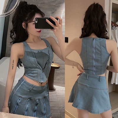 denim crop jacket and skirt set