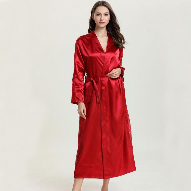 Long Robe Sexy Silk Satin Bathrobe Lace Sleepwear Nightwear Shopee