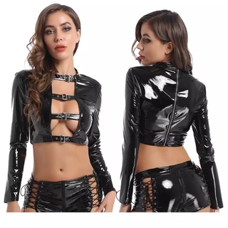 Sexy Glossy PVC Leather Lingerie Set Women Shiny Latex Boxer Erotic Below Opening Crotch Leather Top Porn Breast Exposed Sexi 【Sexybuyer-163】