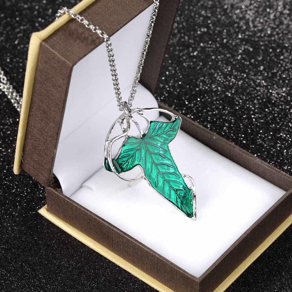 Green Leaf Vintage Lord of The Rings Elven Pin Brooch Pendant Chain Necklace 