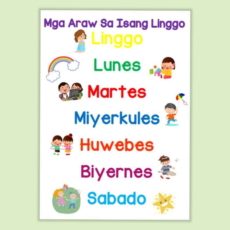 Mga Araw Sa Isang Linggo Filipino Tagalog Laminated Chart A4 Size Shopee Philippines 7095