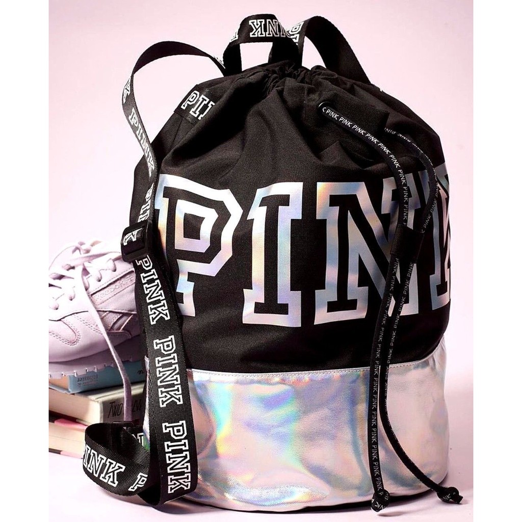 Victoria’s Secret PINK Drawstring Backpack Black & Silver NWT!! 