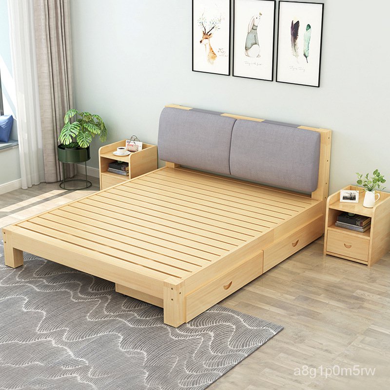 Solid Wood Bed1.8beige Minimalist1.5m Double Bed Pine Rental House 