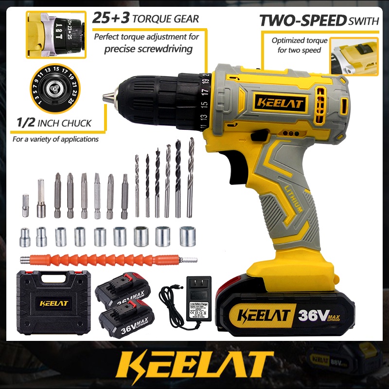 KEELAT 1 Set Cordless Impact Drill Battery Drill Screw Driver Set 3 ...