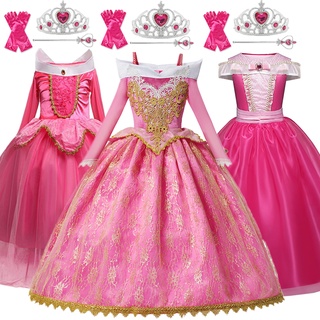WFRV Girls Sleeping Beauty Aurora Princess Dress Long Sleeves Lace Robe Kids Gorgeous Christmas Gift Fancy Party Outfits