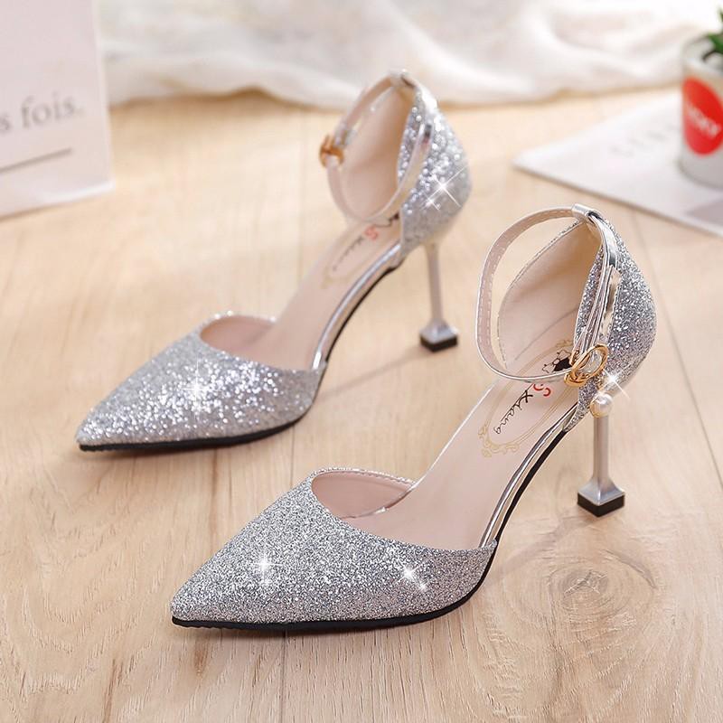 silver low high heels