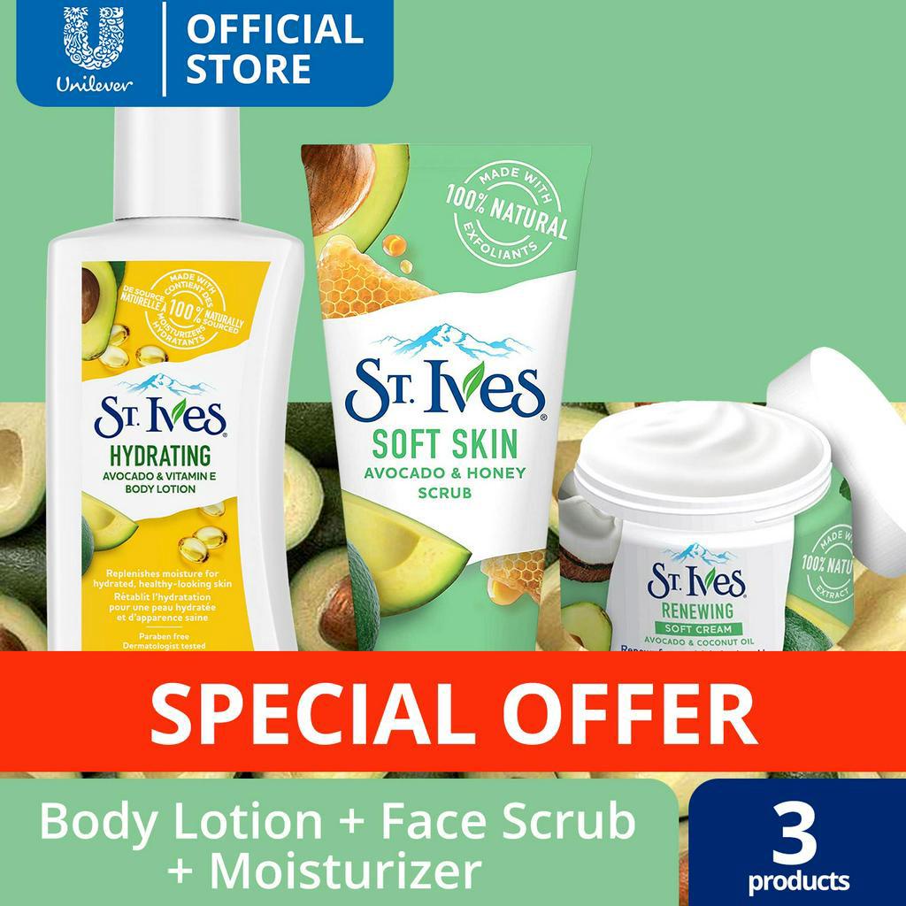 St Ives Hydrating Avocado Bundle Face Scrub 6 oz, Body Lotion 200ml