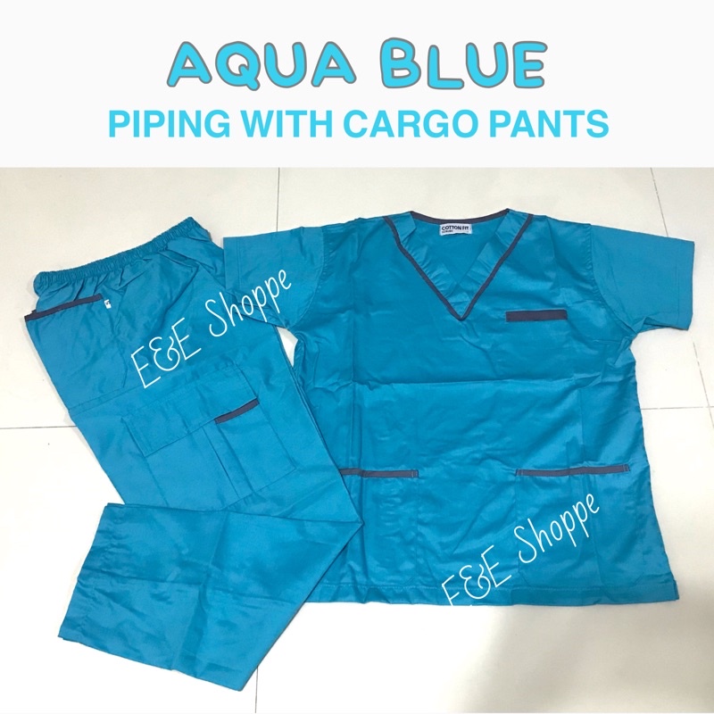 SCRUB SUIT SetUNISEX (Aqua blue Piping with CARGO pants) Shopee